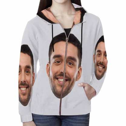 Custom Boyfriend Face Full Zip Hoodie Gray Women's All Over Print Personalized Zipper Hoodie with Husband Face for Him - YesCustom