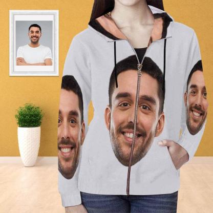 Custom Boyfriend Face Full Zip Hoodie Gray Women's All Over Print Personalized Zipper Hoodie with Husband Face for Him - YesCustom