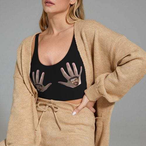 Custom Boyfriend Face Hand Black Background Sports Bra Personalized Women's All Over Print Yoga Sports Bra - YesCustom