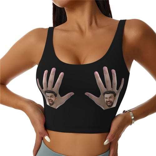 Custom Boyfriend Face Hand Black Background Sports Bra Personalized Women's All Over Print Yoga Sports Bra - YesCustom