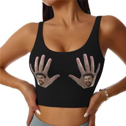 Custom Boyfriend Face Hand Black Background Sports Bra Personalized Women's All Over Print Yoga Sports Bra - YesCustom