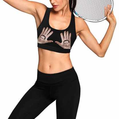 Custom Boyfriend Face Hand Black Background Sports Bra Personalized Women's All Over Print Yoga Sports Bra - YesCustom