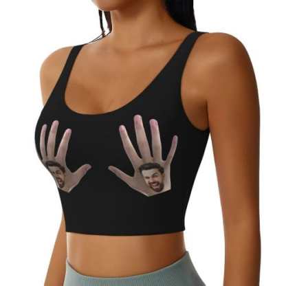 Custom Boyfriend Face Hand Black Background Sports Bra Personalized Women's All Over Print Yoga Sports Bra - YesCustom