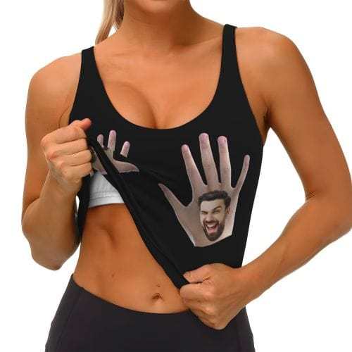 Custom Boyfriend Face Hand Black Background Sports Bra Personalized Women's All Over Print Yoga Sports Bra - YesCustom