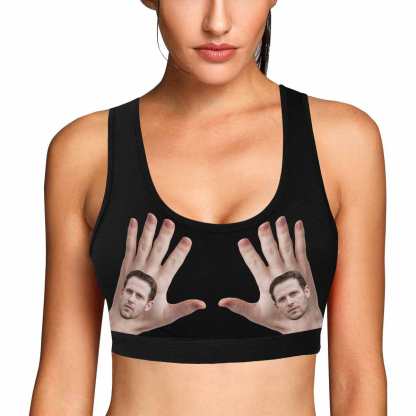 Custom Boyfriend Face Hand Black Background Sports Bra Personalized Women's All Over Print Yoga Sports Bra - YesCustom