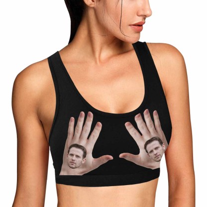 Custom Boyfriend Face Hand Black Background Sports Bra Personalized Women's All Over Print Yoga Sports Bra - YesCustom