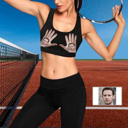 Custom Boyfriend Face Hand Black Background Sports Bra Personalized Women's All Over Print Yoga Sports Bra - YesCustom