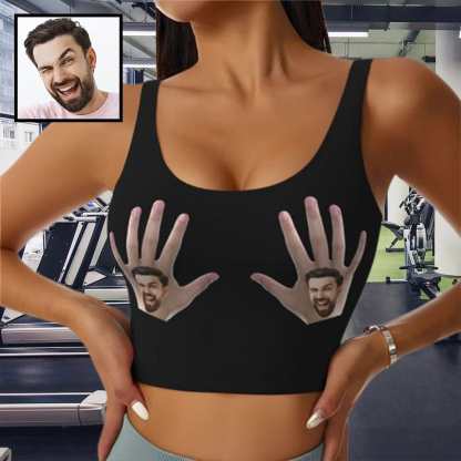Custom Boyfriend Face Hand Black Background Sports Bra Personalized Women's All Over Print Yoga Sports Bra - YesCustom