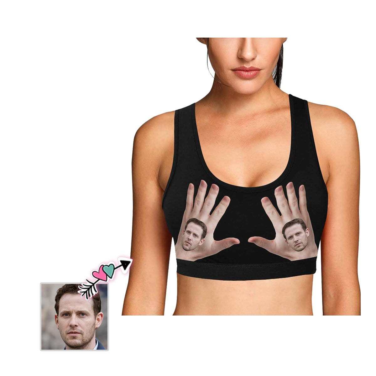 Custom Boyfriend Face Hand Black Background Sports Bra Personalized Women's All Over Print Yoga Sports Bra - YesCustom