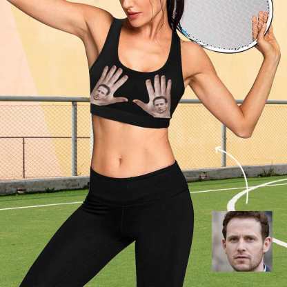 Custom Boyfriend Face Hand Black Background Sports Bra Personalized Women's All Over Print Yoga Sports Bra - YesCustom