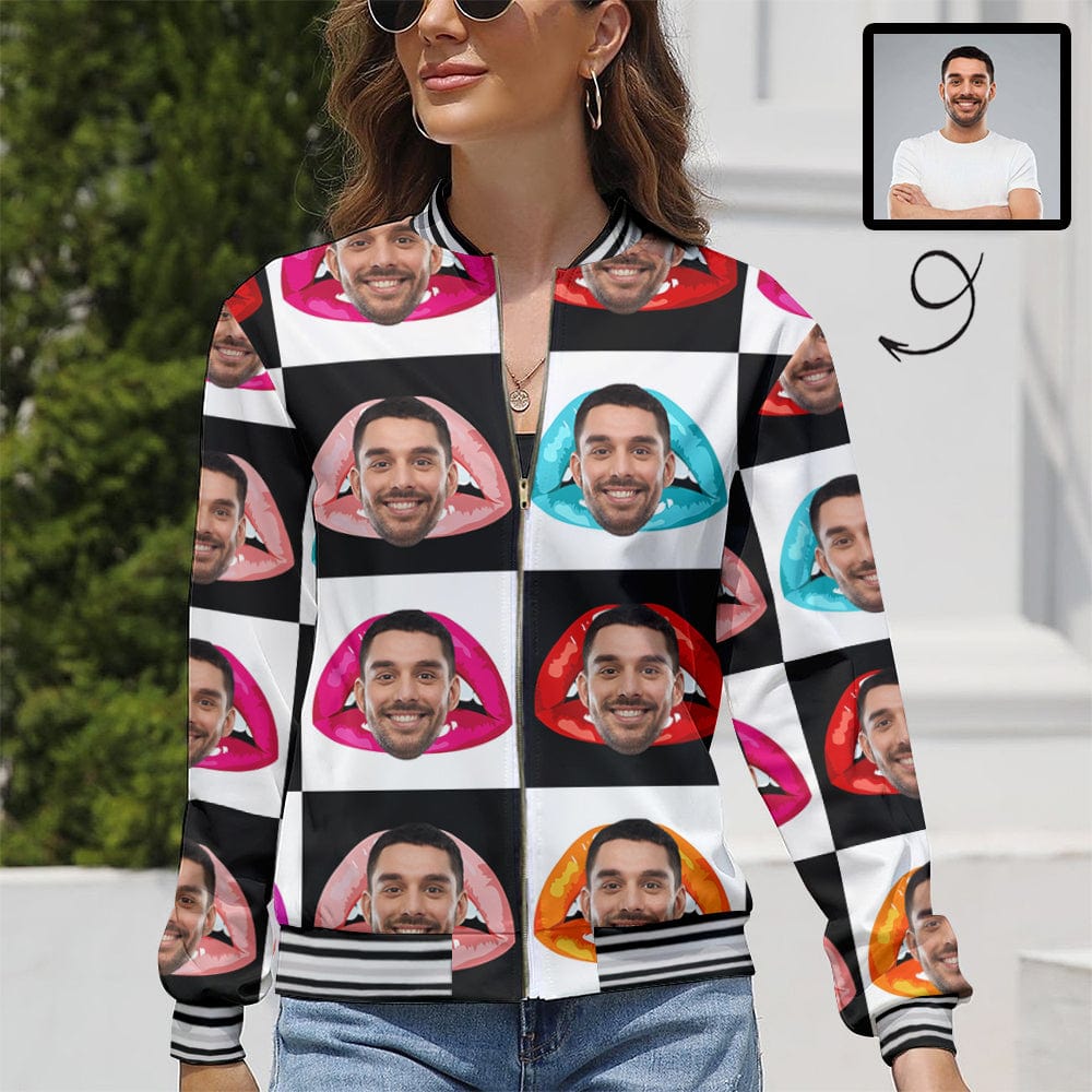 Custom Boyfriend Face Lips Lattice Women's Casual Jacket - YesCustom