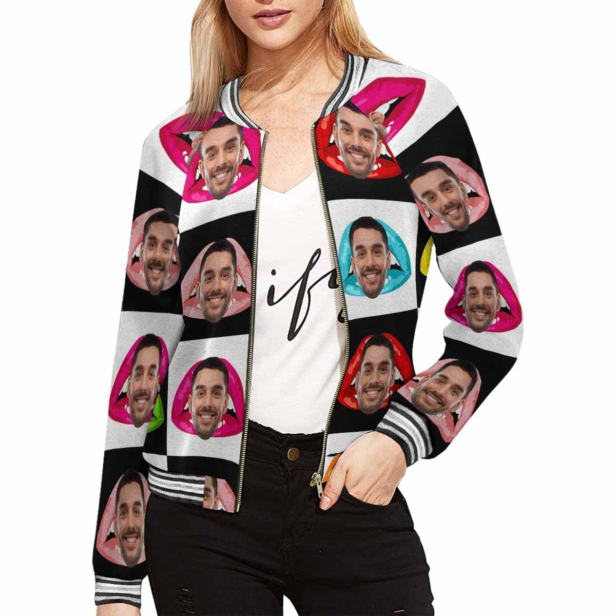 Custom Boyfriend Face Lips Lattice Women's Casual Jacket - YesCustom