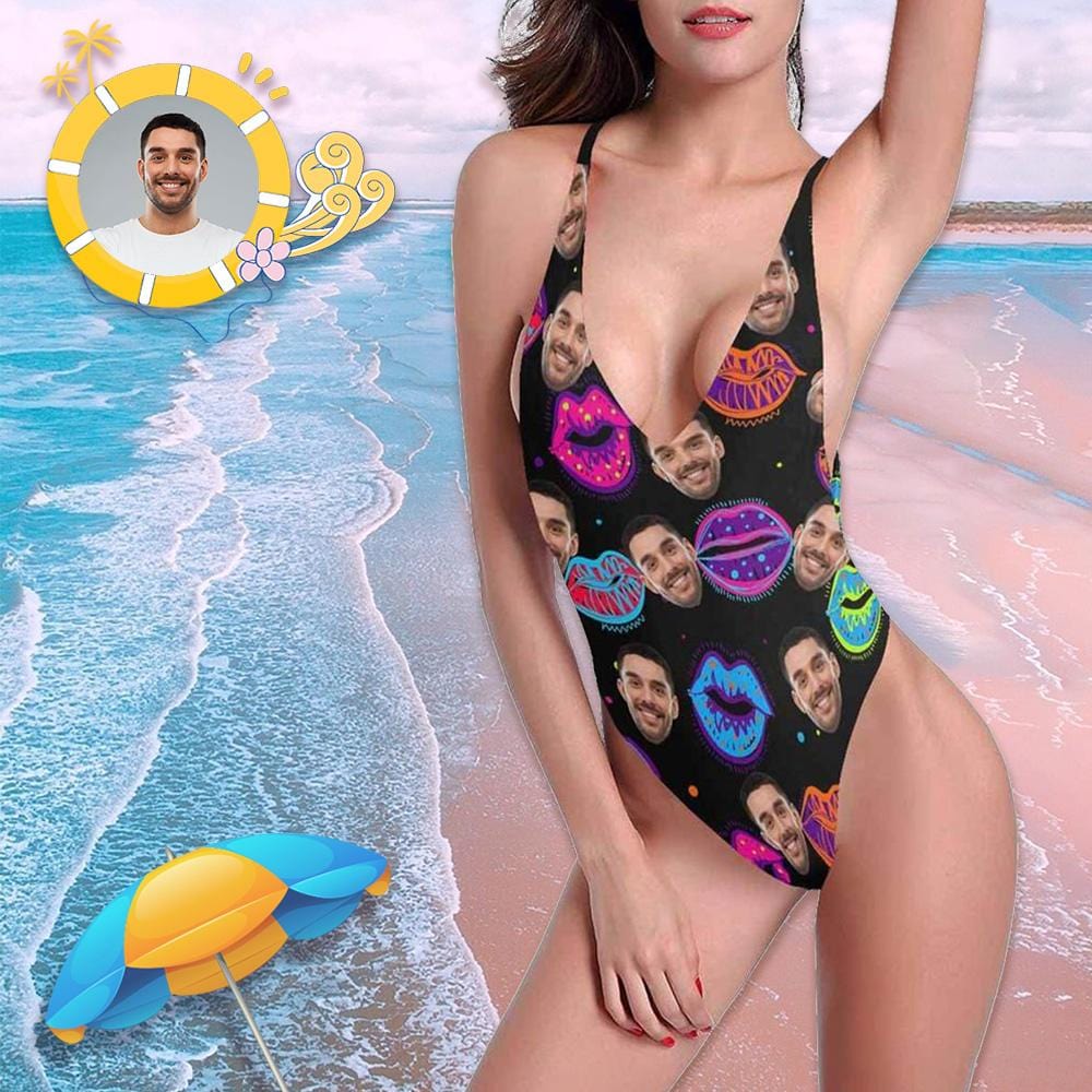 Custom Boyfriend Face Lips Women's Halter Straps Backless Swimsuit - YesCustom