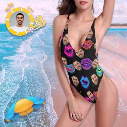 Custom Boyfriend Face Lips Women's Halter Straps Backless Swimsuit - YesCustom