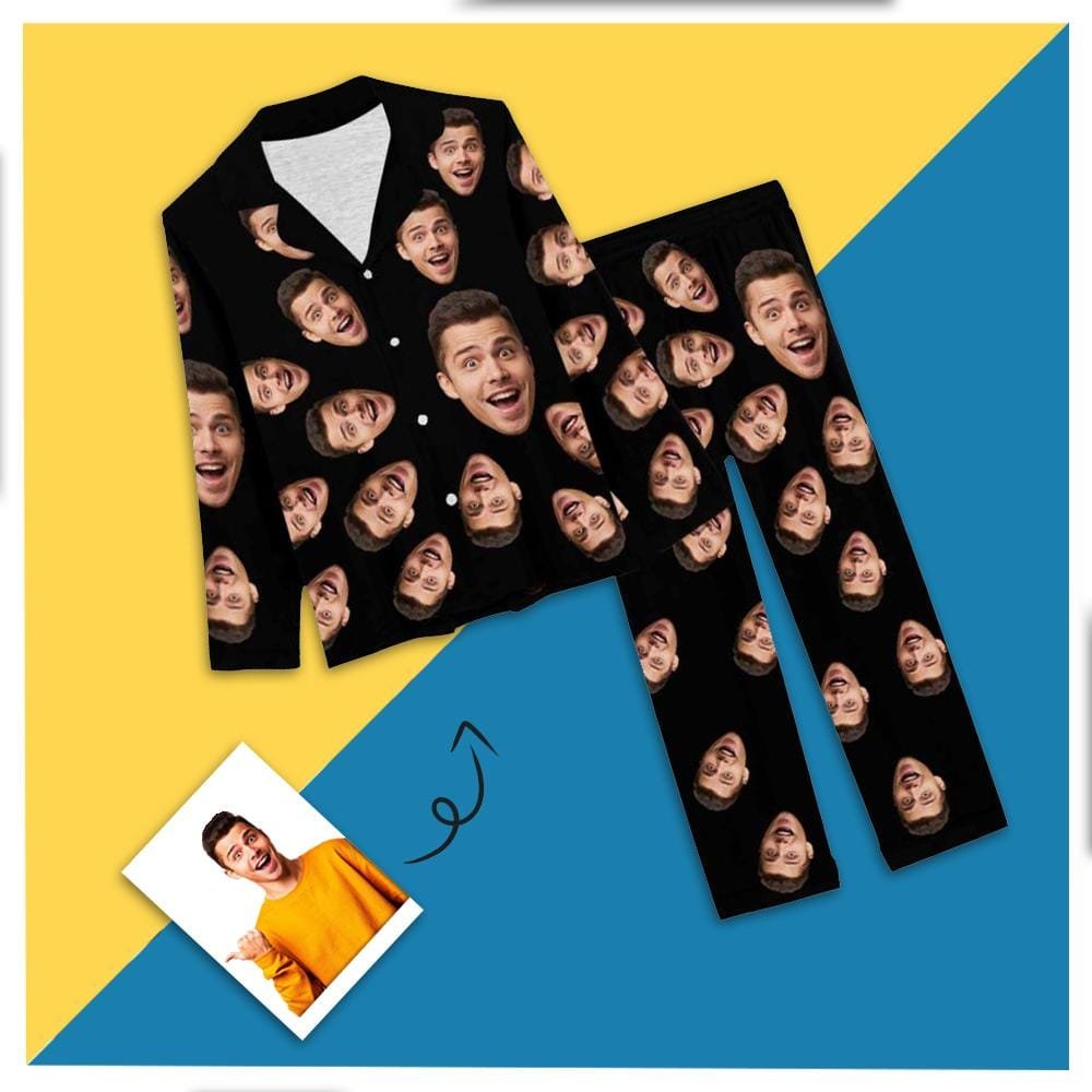 Custom Boyfriend Face Pajamas Black Background Sleepwear Funny Personalized Women's Long Pajamas Set - YesCustom