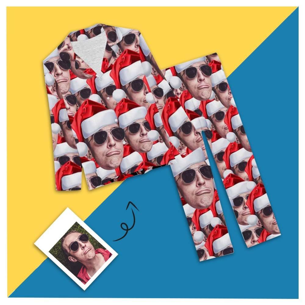 Custom Boyfriend Face Pajamas Christmas Hats Sleepwear Personalized Women's Slumber Party Long Pajama Set - YesCustom