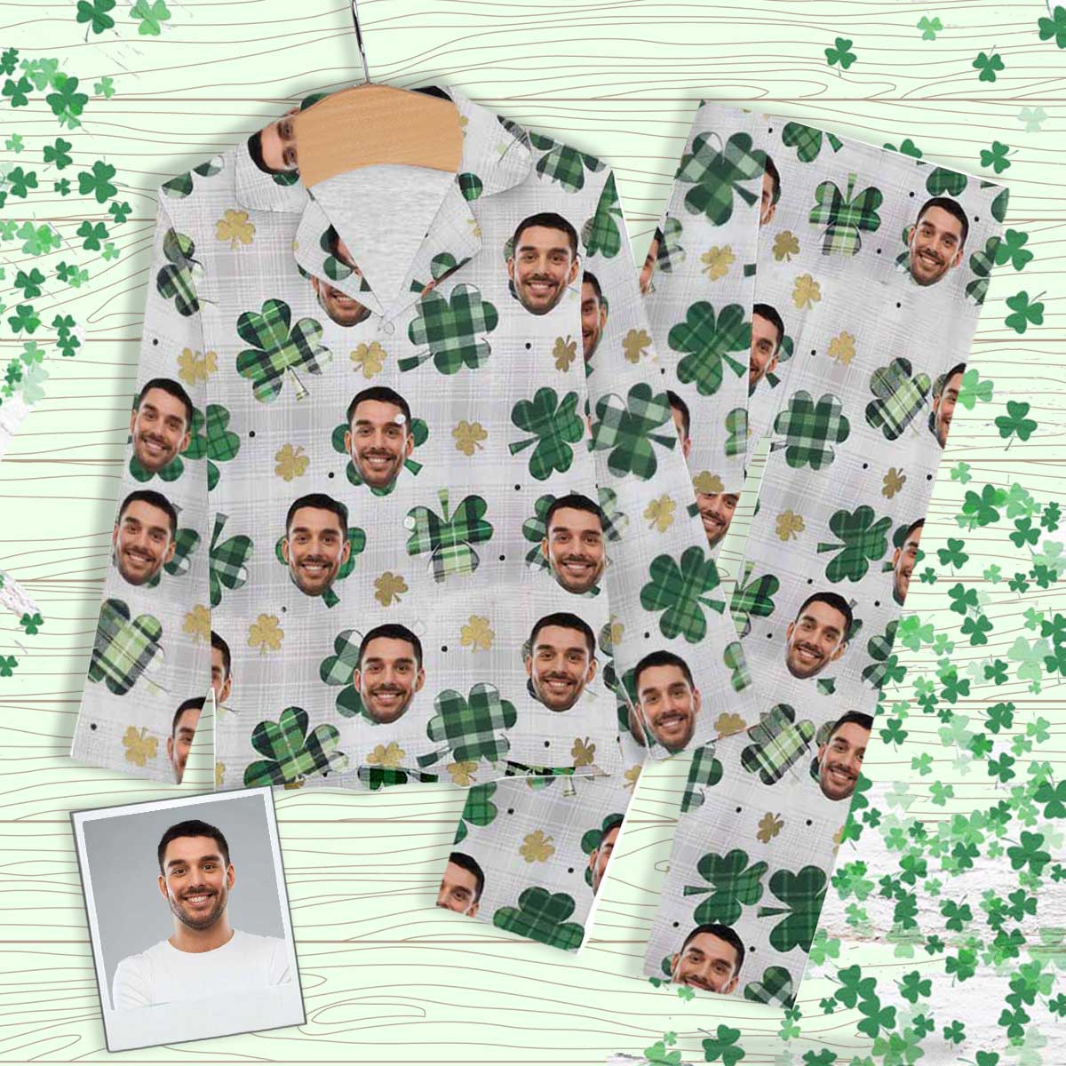 Custom Boyfriend Face Pajamas Green Grid Clover Sleepwear Personalized Women's Slumber Party Long Pajama Set - YesCustom