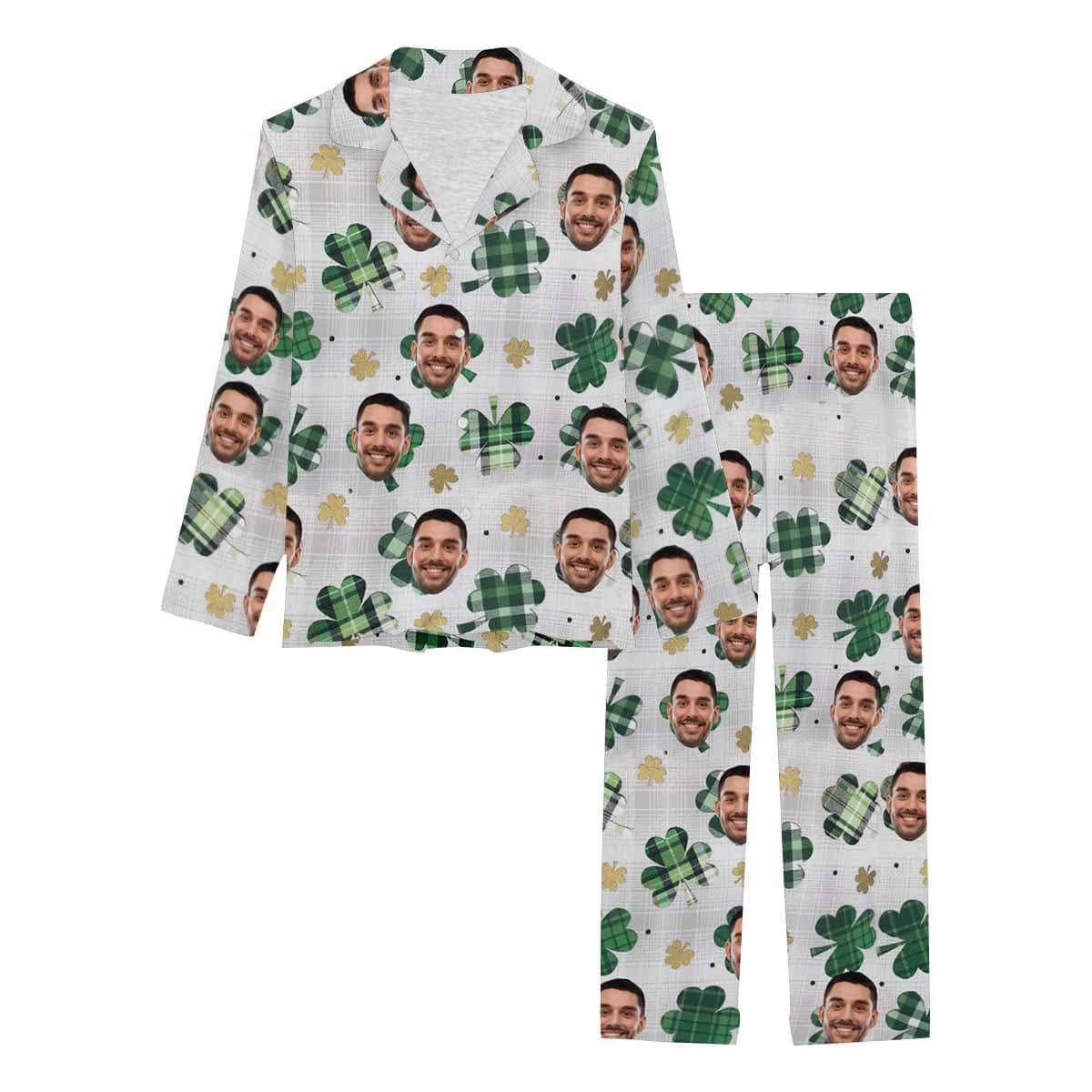 Custom Boyfriend Face Pajamas Green Grid Clover Sleepwear Personalized Women's Slumber Party Long Pajama Set - YesCustom