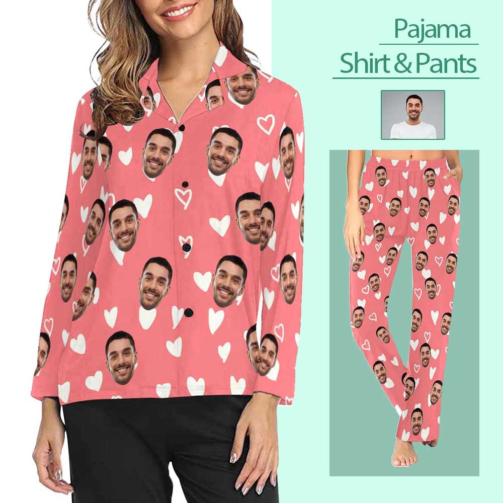 Custom Boyfriend Face Pajamas Heart Pink Background Personalized Women's Slumber Party Long Pajama Set Shirt&Pants - YesCustom