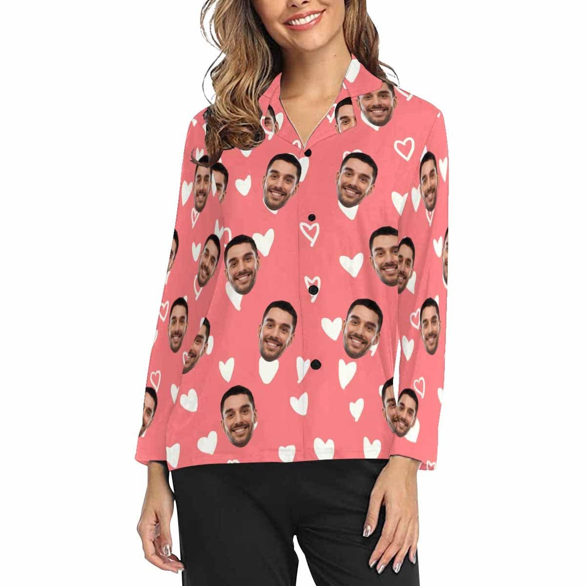 Custom Boyfriend Face Pajamas Heart Pink Background Personalized Women's Slumber Party Long Pajama Set Shirt&Pants - YesCustom
