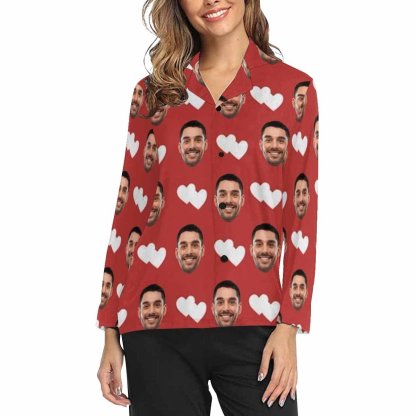 Custom Boyfriend Face Pajamas Heart To Heart Personalized Women's Slumber Party Long Pajama Shirt&Pants - YesCustom