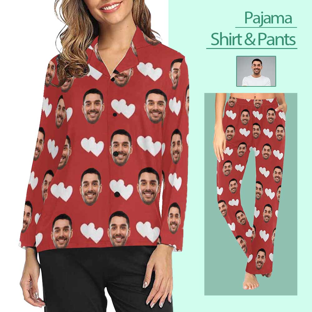 Custom Boyfriend Face Pajamas Heart To Heart Personalized Women's Slumber Party Long Pajama Shirt&Pants - YesCustom