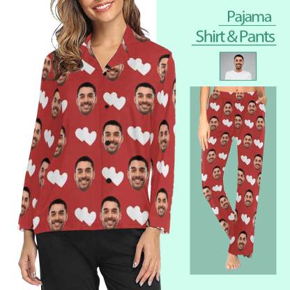 Custom Boyfriend Face Pajamas Heart To Heart Personalized Women's Slumber Party Long Pajama Shirt&Pants - YesCustom