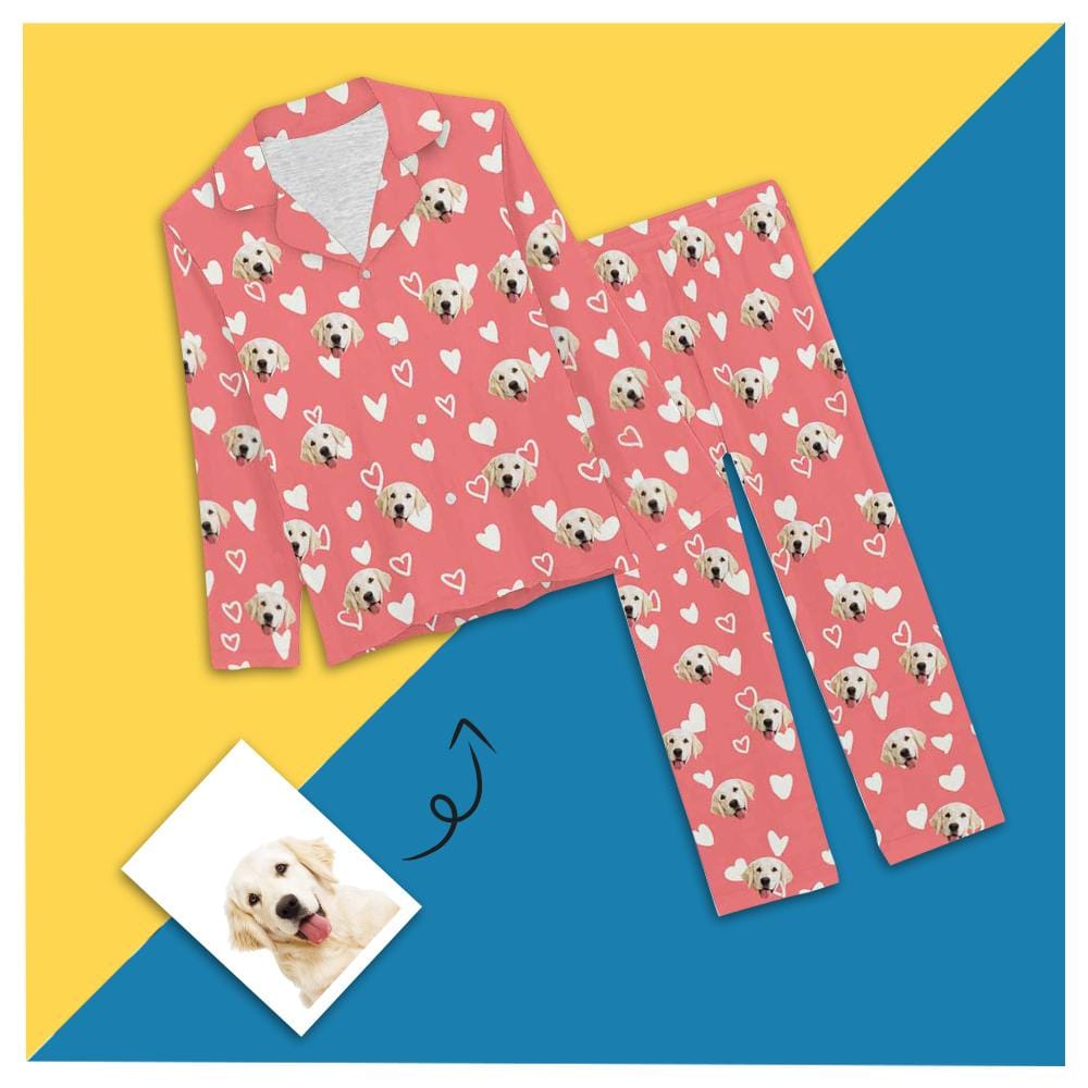 Custom Boyfriend Face Pajamas Pink Heart Sleepwear Personalized Women's Long Pajama Set - YesCustom