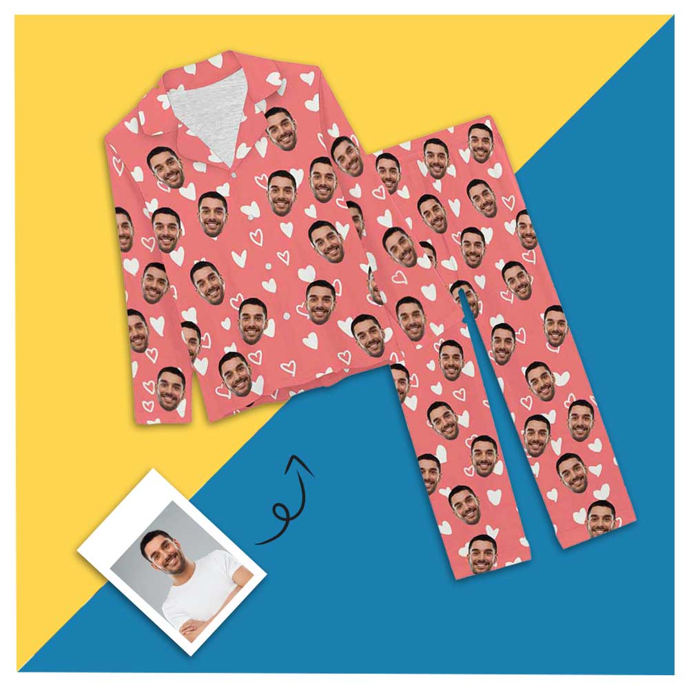 Custom Boyfriend Face Pajamas Pink Heart Sleepwear Personalized Women's Long Pajama Set - YesCustom