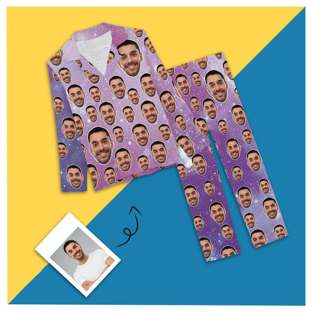 Custom Boyfriend Face Pajamas Purple Starry Sky Sleepwear Personalized Women's Slumber Party Long Pajama Set - YesCustom