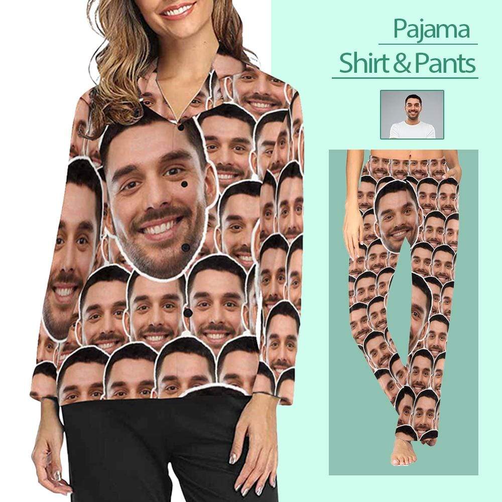 Custom Boyfriend Face Pajamas Seamless Face Sleepwear Personalized Women's Long Pajama Shirt&Pants - YesCustom