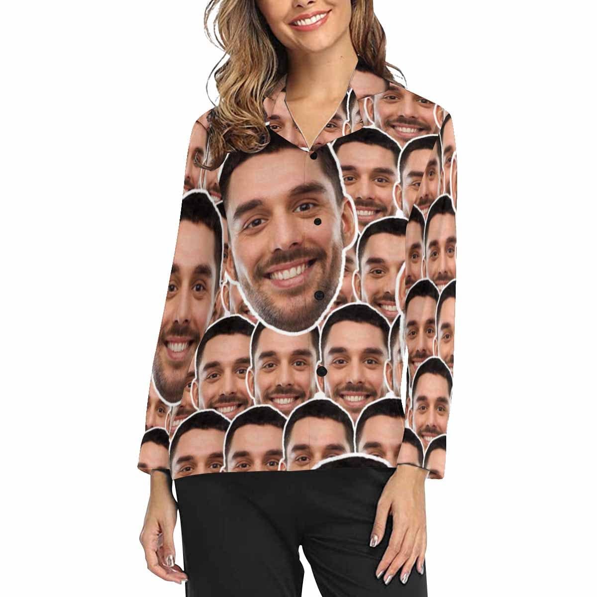 Custom Boyfriend Face Pajamas Seamless Face Sleepwear Personalized Women's Long Pajama Shirt&Pants - YesCustom