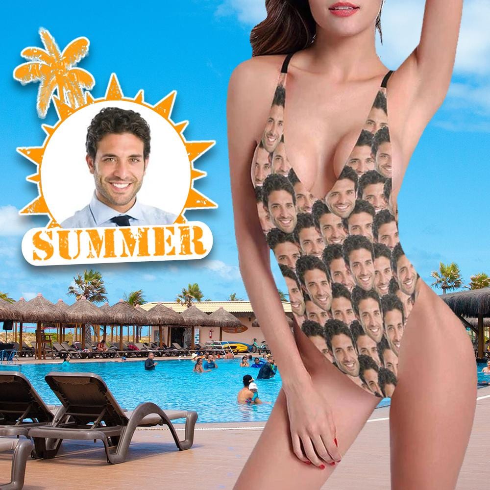 Custom Boyfriend Face Pattern Swimsuit Personalized Women's Halter Straps Backless Bathing Suit Honeymoons Girlfriend Gift - YesCustom