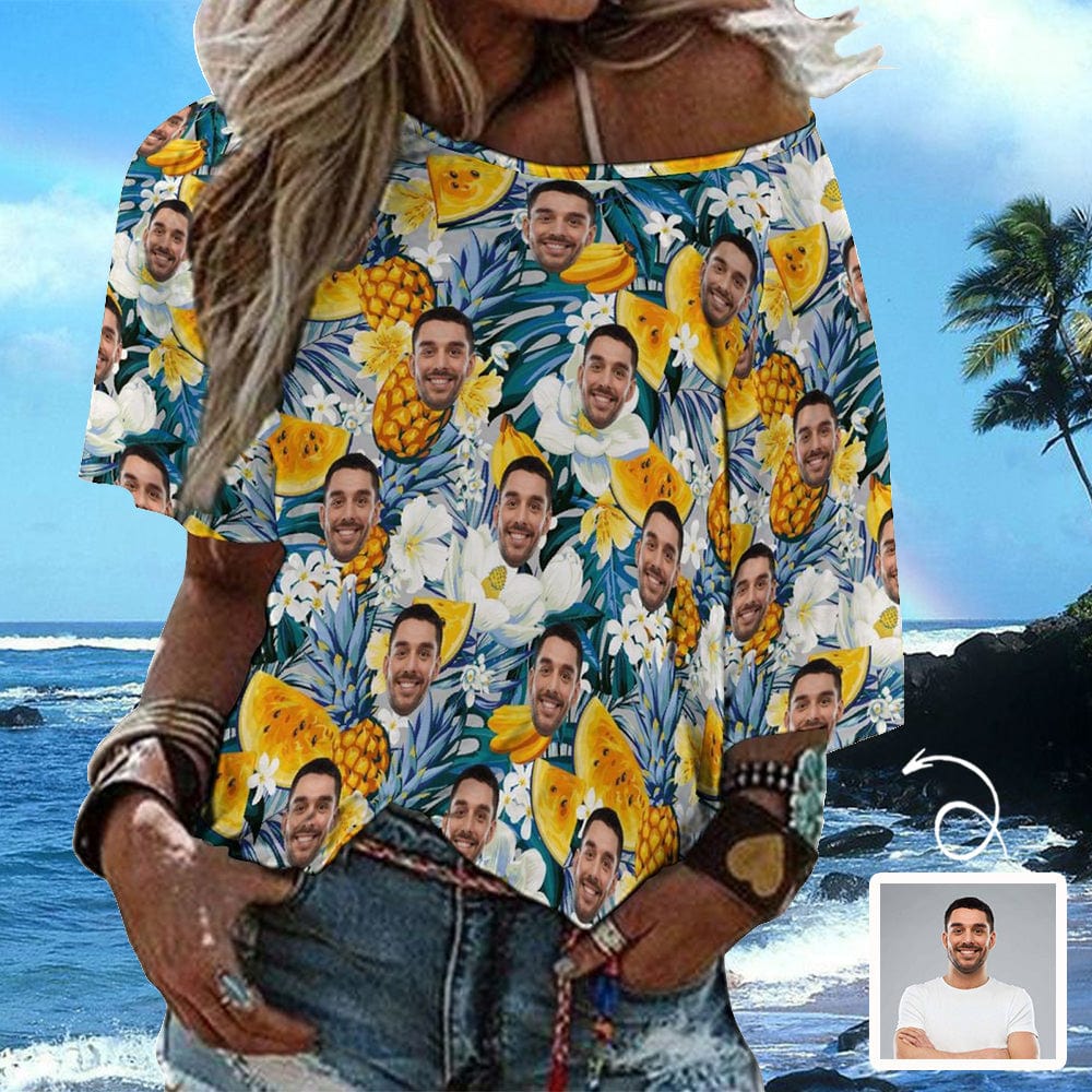 Custom Boyfriend Face Pineapple Flower Loose Fit Tee Personalized One Side Off Shoulder Women's Mid Sleeve Straight Neck T-shirt - YesCustom