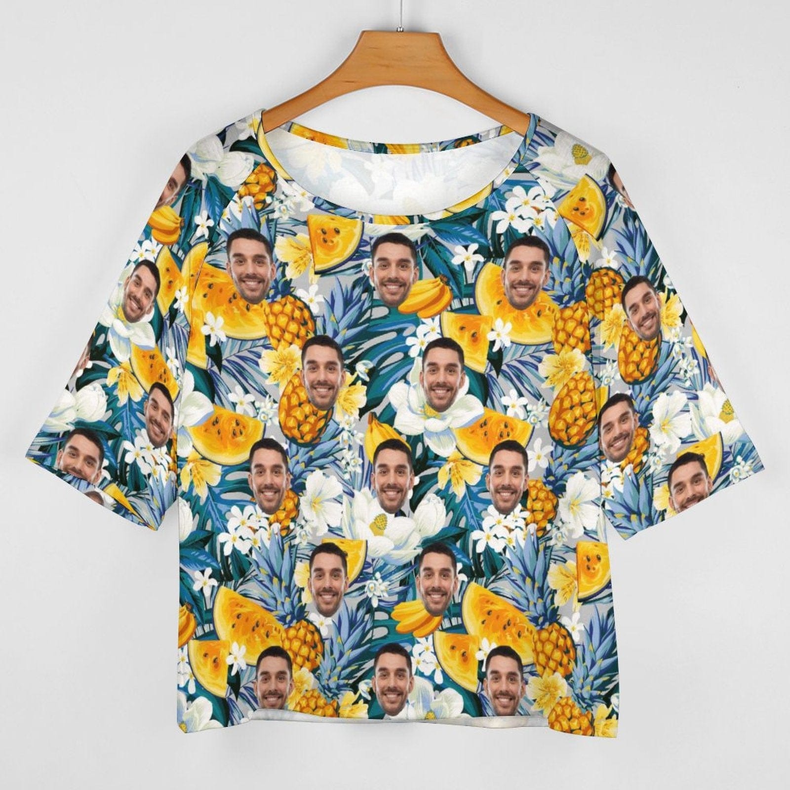 Custom Boyfriend Face Pineapple Flower Loose Fit Tee Personalized One Side Off Shoulder Women's Mid Sleeve Straight Neck T-shirt - YesCustom