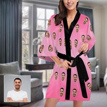 Custom Boyfriend Face Pink Women's Summer Short Pajamas Funny Personalized Photo Pajamas Kimono Robe - YesCustom