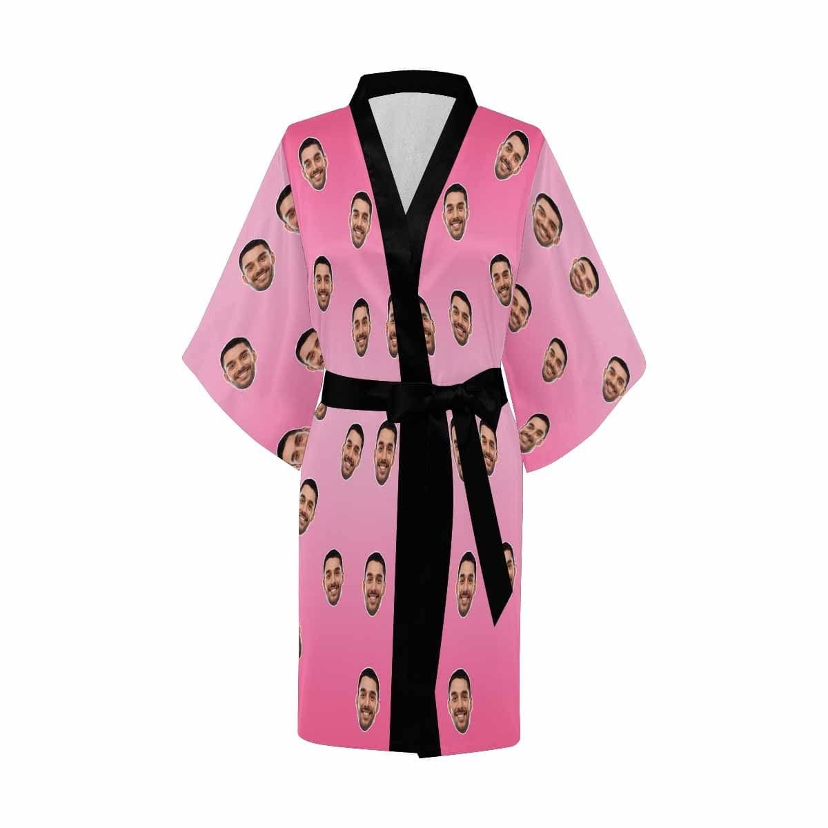 Custom Boyfriend Face Pink Women's Summer Short Pajamas Funny Personalized Photo Pajamas Kimono Robe - YesCustom