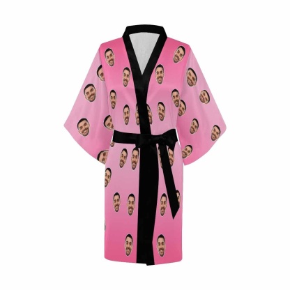 Custom Boyfriend Face Pink Women's Summer Short Pajamas Funny Personalized Photo Pajamas Kimono Robe - YesCustom