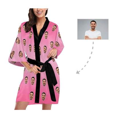 Custom Boyfriend Face Pink Women's Summer Short Pajamas Funny Personalized Photo Pajamas Kimono Robe - YesCustom