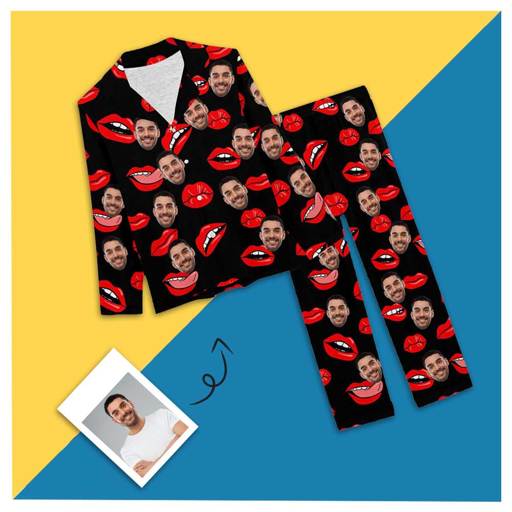 Custom Boyfriend Face Red Lips Sleepwear Personalized Women's Slumber Party Long Pajama Set - YesCustom