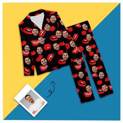 Custom Boyfriend Face Red Lips Sleepwear Personalized Women's Slumber Party Long Pajama Set - YesCustom