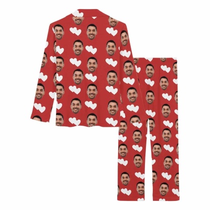 Custom Boyfriend Face Red Love Heart Sleepwear Personalized Women's Slumber Party Long Pajama Set - YesCustom
