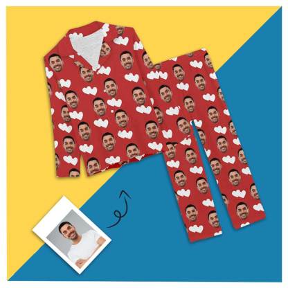 Custom Boyfriend Face Red Love Heart Sleepwear Personalized Women's Slumber Party Long Pajama Set - YesCustom