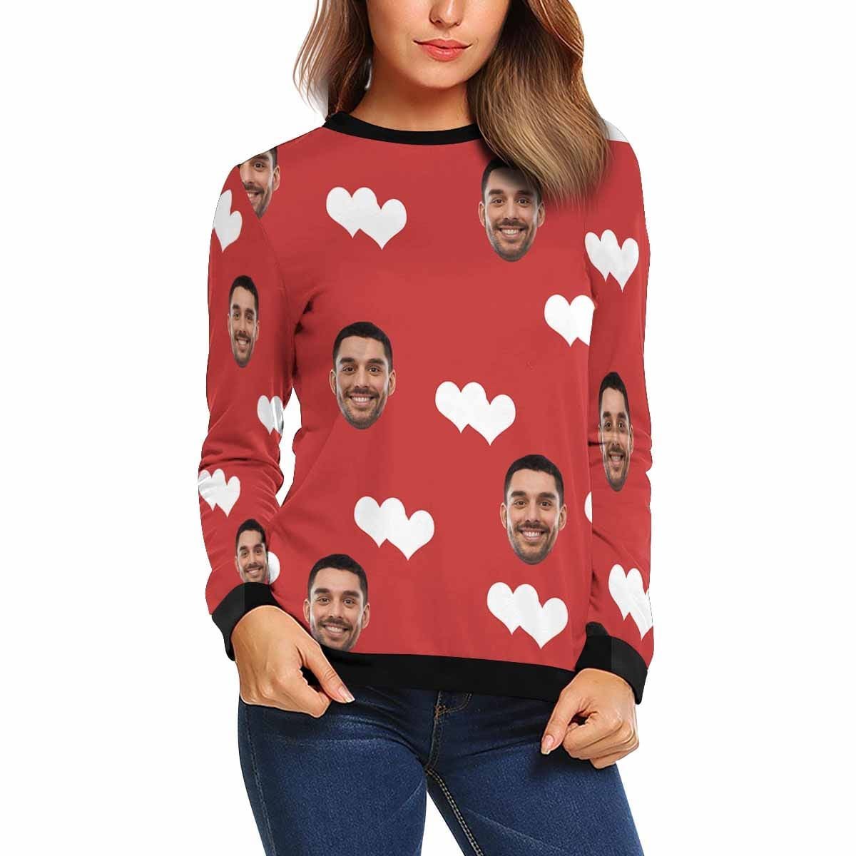Custom Boyfriend Face Red Love Women's Casual Crew Neck Sweatshirt Personalized Long Sleeve Loose Sweatshirt, Best Gift For Her - YesCustom