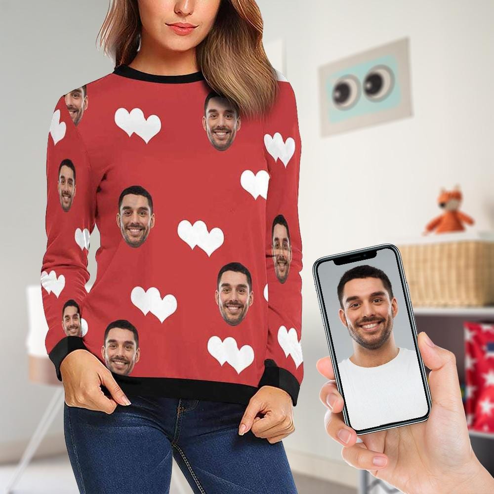 Custom Boyfriend Face Red Love Women's Casual Crew Neck Sweatshirt Personalized Long Sleeve Loose Sweatshirt, Best Gift For Her - YesCustom