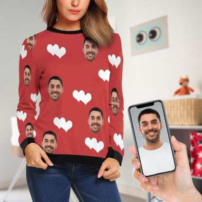 Custom Boyfriend Face Red Love Women's Casual Crew Neck Sweatshirt Personalized Long Sleeve Loose Sweatshirt, Best Gift For Her - YesCustom