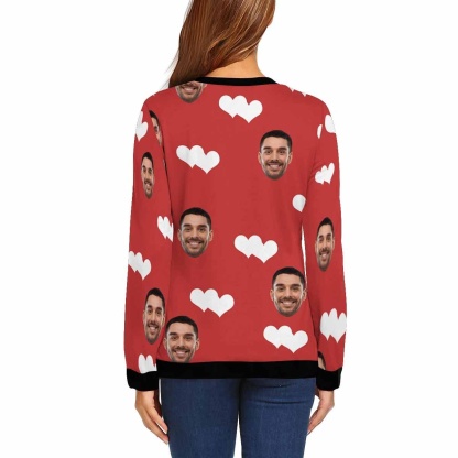 Custom Boyfriend Face Red Love Women's Casual Crew Neck Sweatshirt Personalized Long Sleeve Loose Sweatshirt, Best Gift For Her - YesCustom