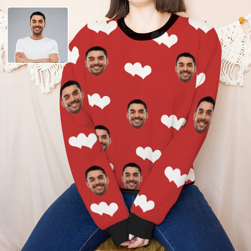 Custom Boyfriend Face Red Love Women's Casual Crew Neck Sweatshirt Personalized Long Sleeve Loose Sweatshirt, Best Gift For Her - YesCustom