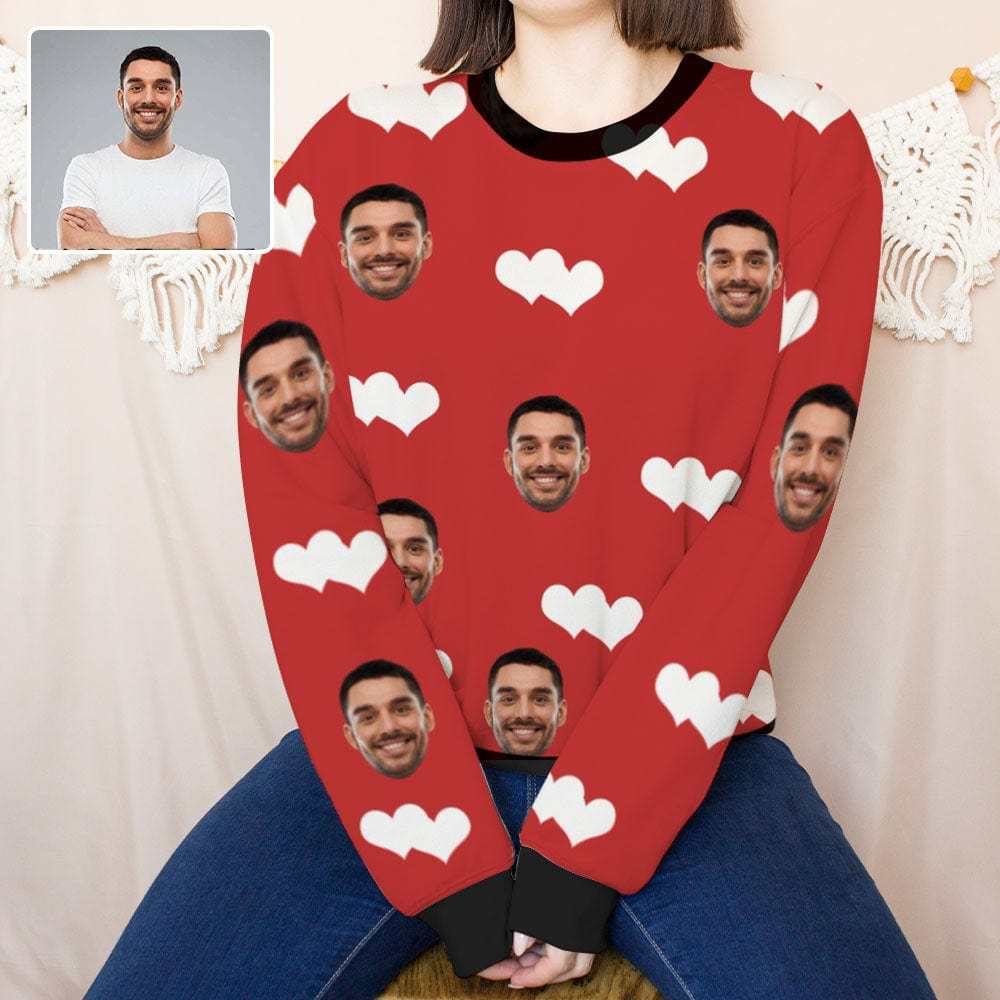 Custom Boyfriend Face Red Love Women's Casual Crew Neck Sweatshirt Personalized Long Sleeve Loose Sweatshirt, Best Gift For Her - YesCustom