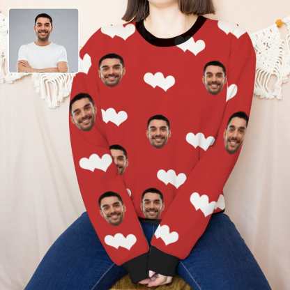Custom Boyfriend Face Red Love Women's Casual Crew Neck Sweatshirt Personalized Long Sleeve Loose Sweatshirt, Best Gift For Her - YesCustom
